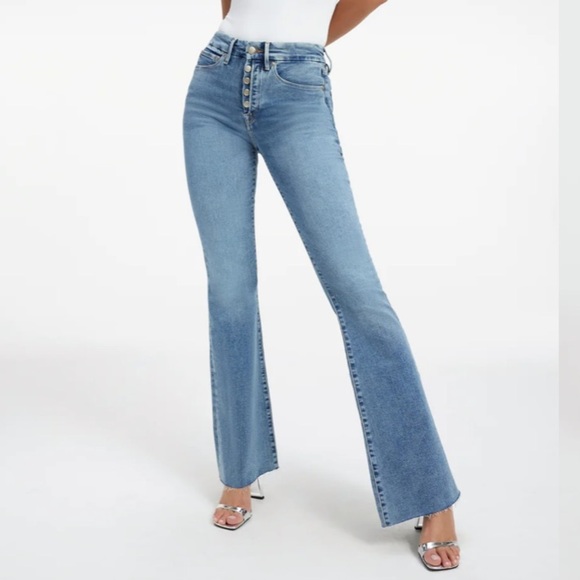 Good American Good Legs Exposed Button Fly Flare Blue Jeans size 18 High Waist - Picture 1 of 9